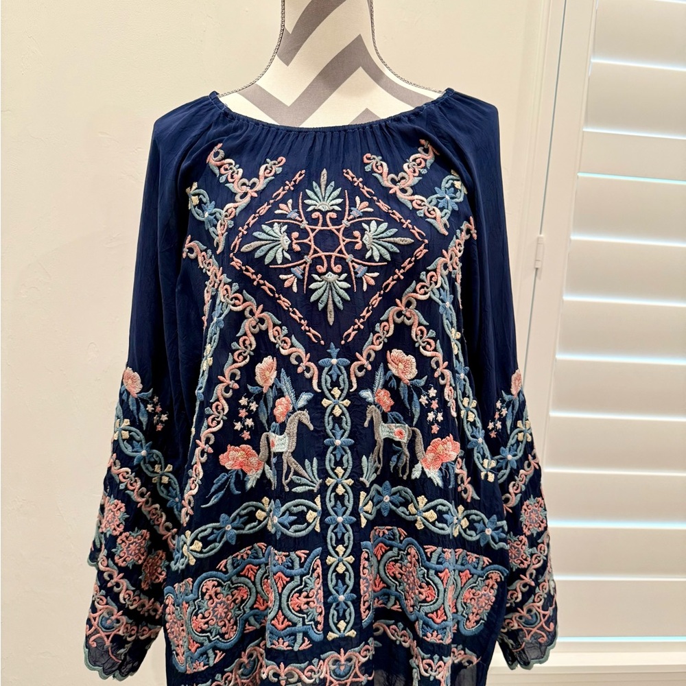 Johnny Was Navy Blue Embroidered Blouse
